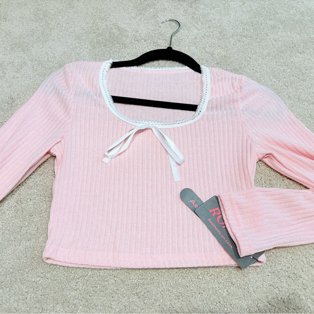 ROMWE Pink Long Sleeve Top with White Trim